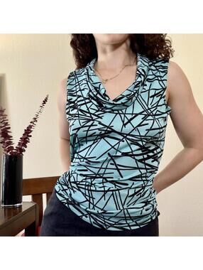 Vintage Cowl Neck Blue Geometric Print Tank Top by Carol Rose